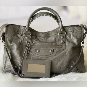 BALENCIAGA CITY BAG S/S 2016 Silver Hardware GREY GRAY MOTORCYCLE W/MIRROR